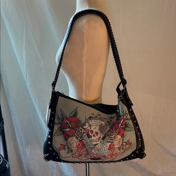 Ed Hardy Light Blue and Black Embroidered Skull & Rose Shoulder Bag - Picture 6 of 12